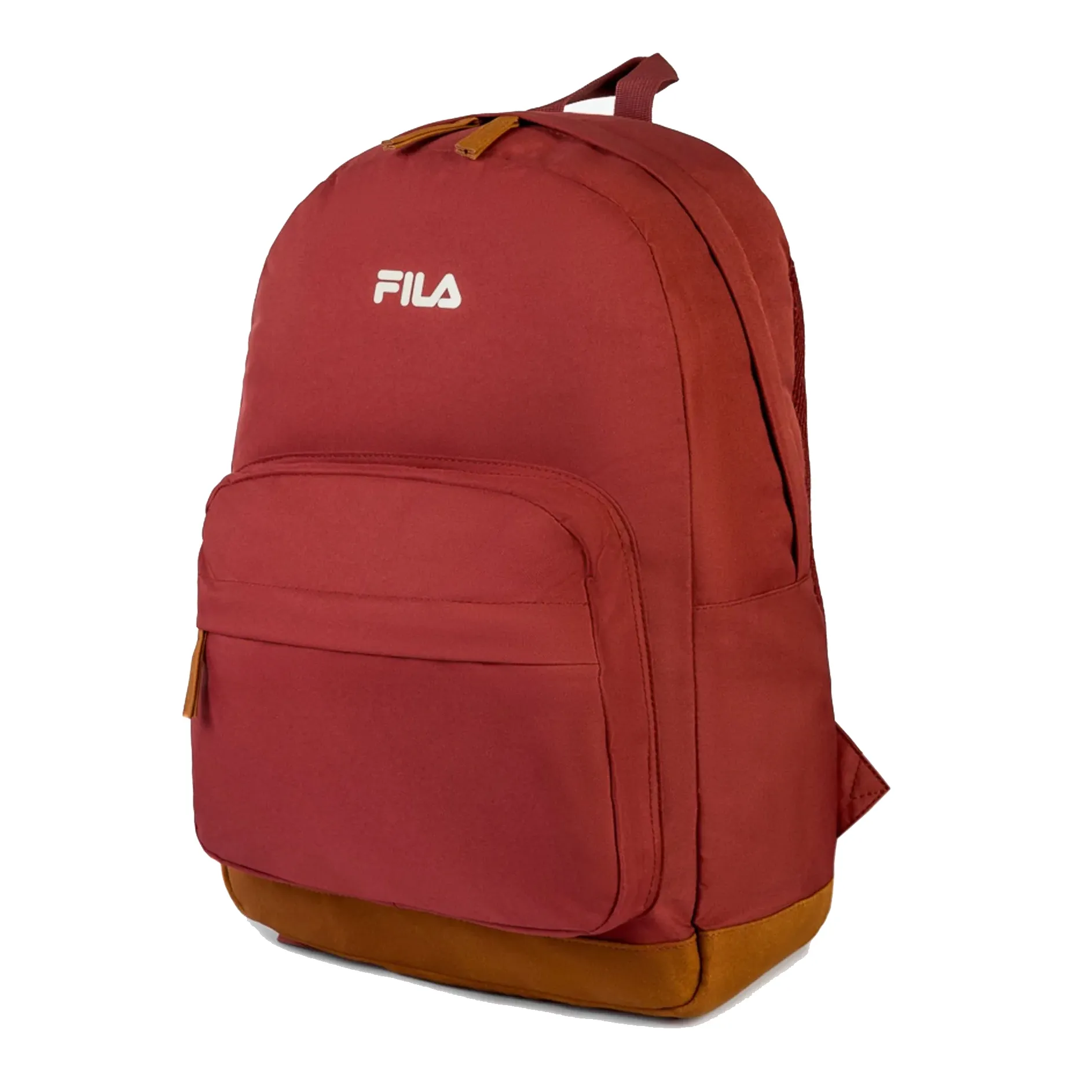 Vista traseira da mochila FILA vermelha ocre mostrando alças acolchoadas e fechamento em zíper